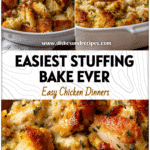 Golden baked chicken and stuffing casserole in a white dish with creamy sauce and herbs.